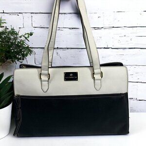 Liz Claiborne Business Tote Laptop Briefcase Black & White Vegan Leather 17"x12"